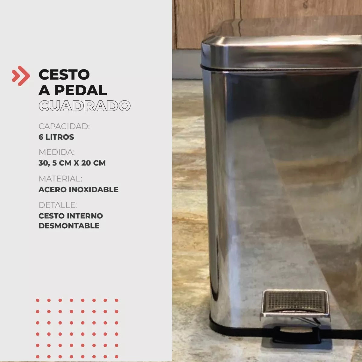 Cesto De Basura Cuadrado de Acero Inoxidable 6 Lts