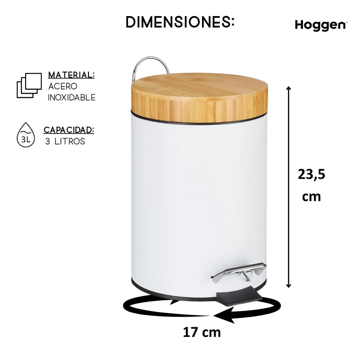Cesto de Basura Blanco Mate con Tapa Madera 3 Lts