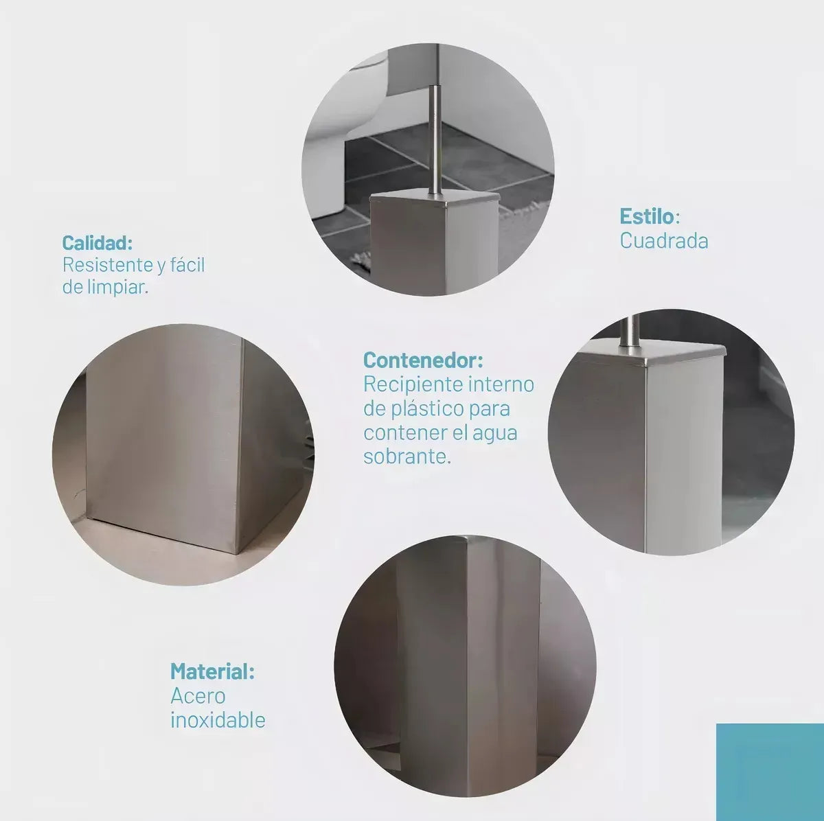 Set De Baño Cuadrado Cesto de Basura 6 Lts + Escobilla Acero Inoxidable