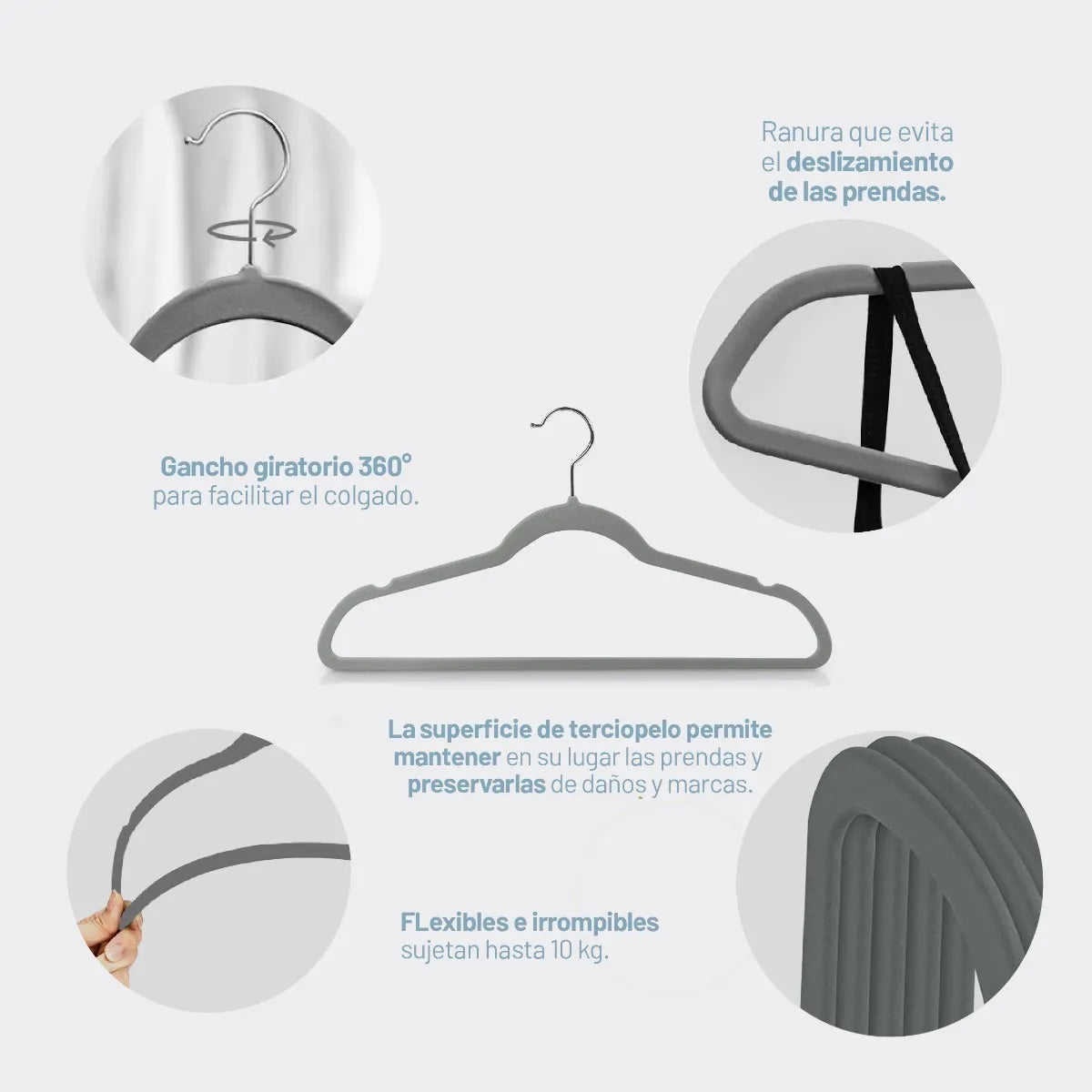 Perchas Terciopelo Kids Gris Niños Antideslizante X 50 Unidades