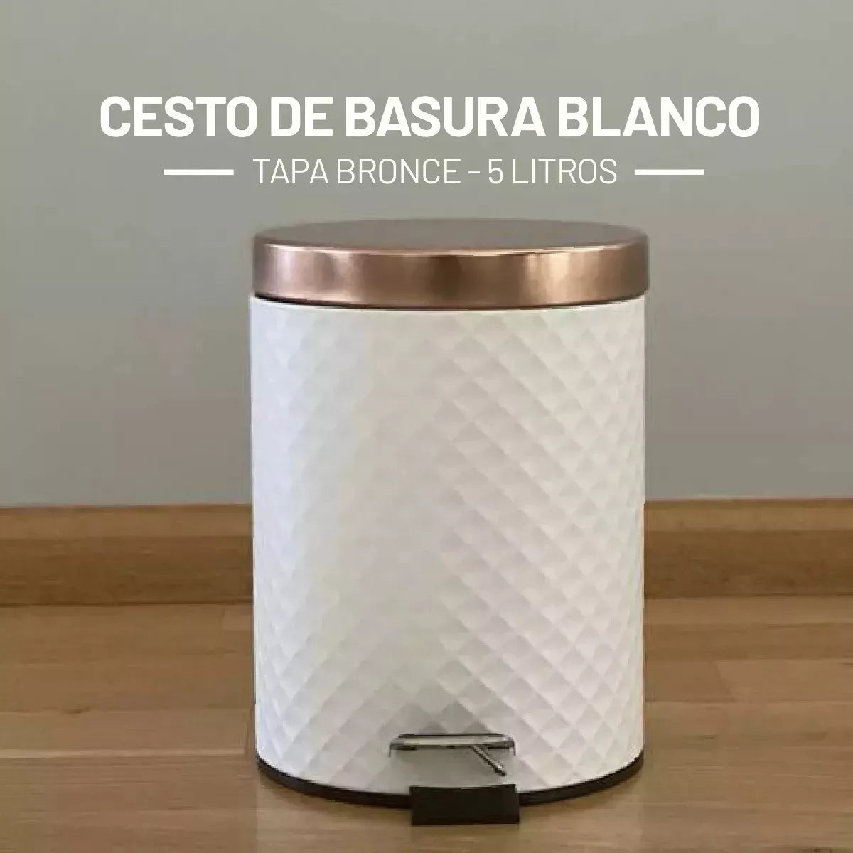 Cesto De Basura Redondo Texturado Blanco con Tapa de Madera Bronce 5 Lts