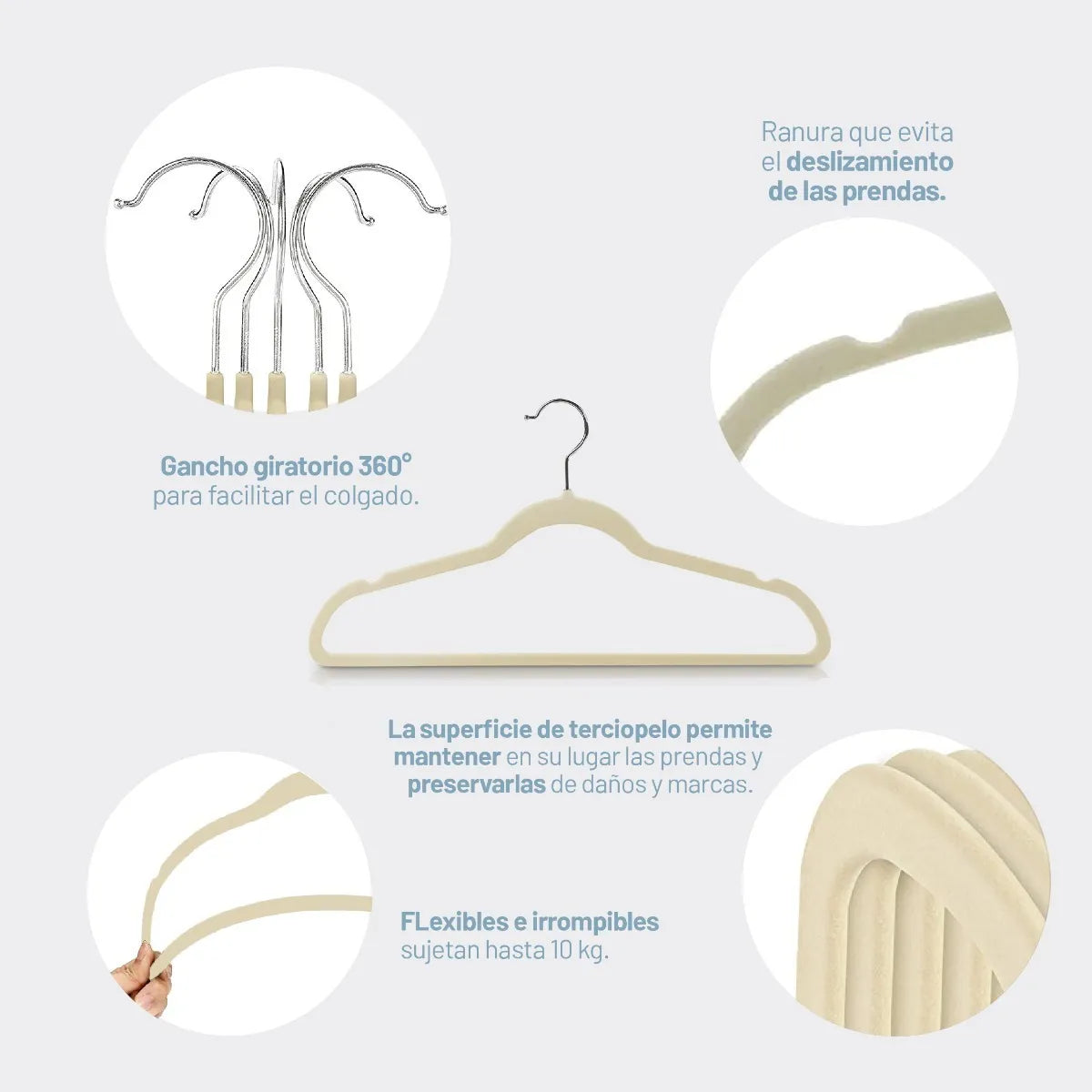 Perchas Terciopelo Kids Beige Niños Antideslizante X 20 Unidades
