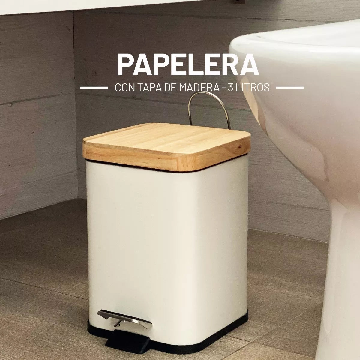 Cesto de Basura Cuadrado Blanco con Tapa de Madera 3 Lts