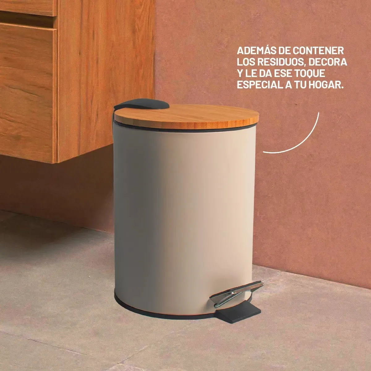 Cesto de Basura Blanco Mate con Tapa Madera 3 Lts