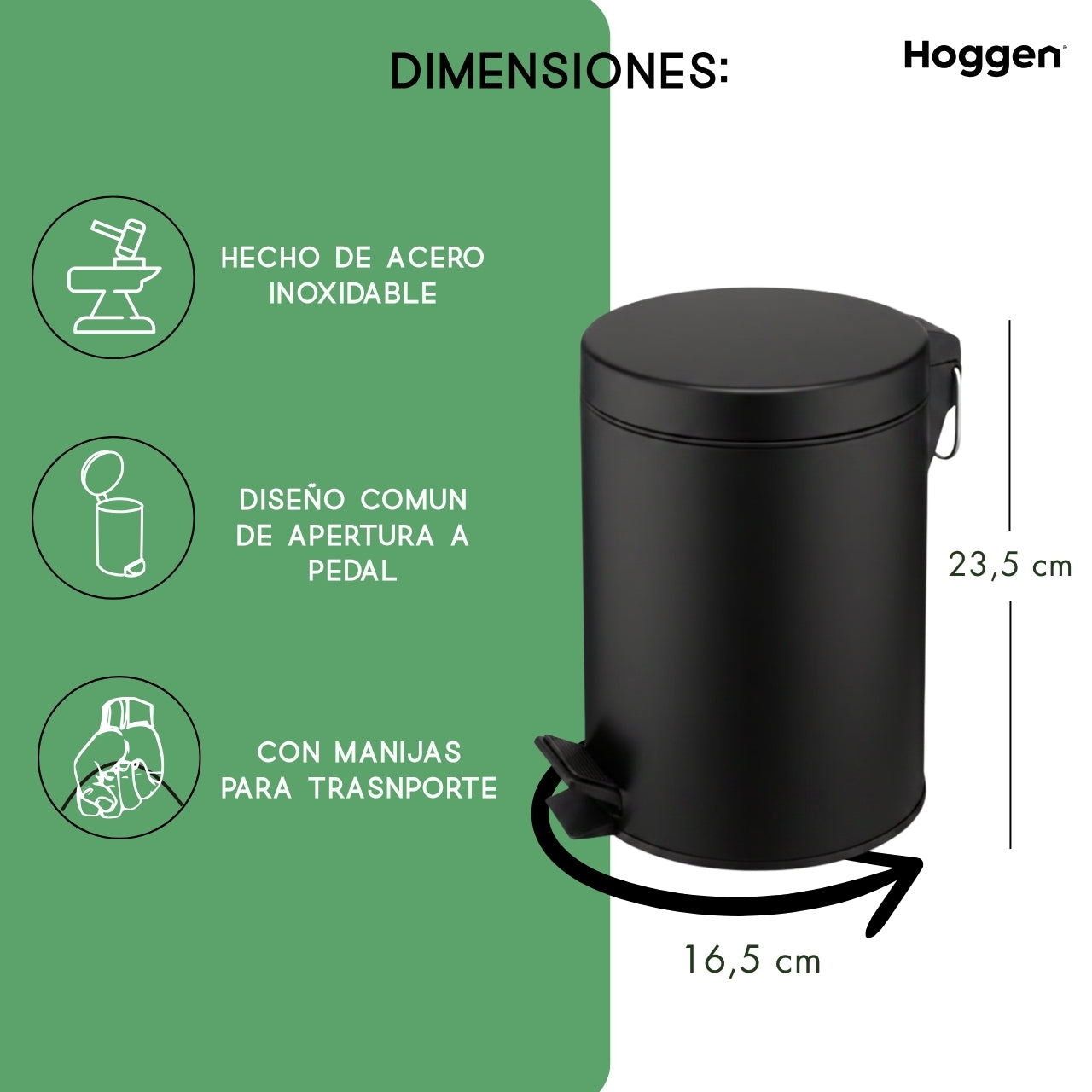 Cesto de Basura Redondo Acero Inoxidable Negro 3 Lts