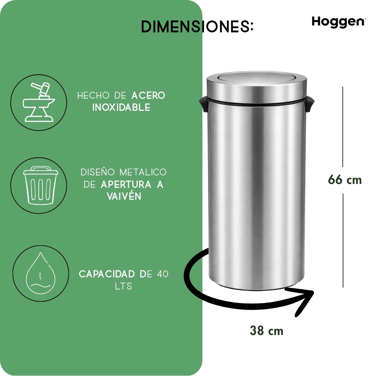 Cesto de Basura Acero Inoxidable Vaiven 40 Lts