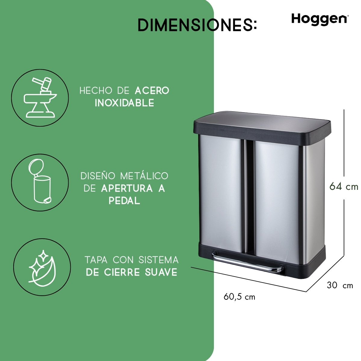 Cesto de basura doble de acero inoxidable 60 lts