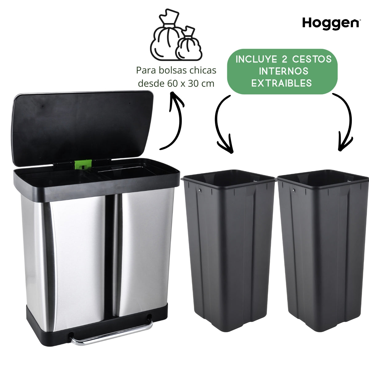 Cesto de basura doble de acero inoxidable 60 lts