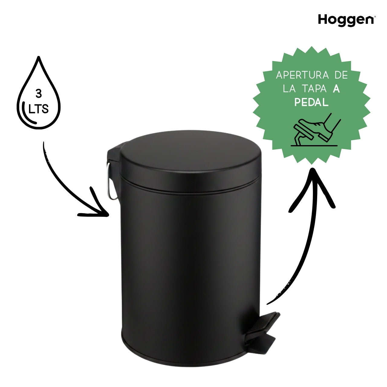 Cesto de Basura Redondo Acero Inoxidable Negro 3 Lts