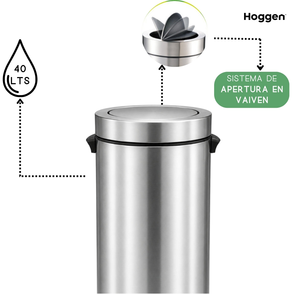 Cesto de Basura Acero Inoxidable Vaiven 40 Lts