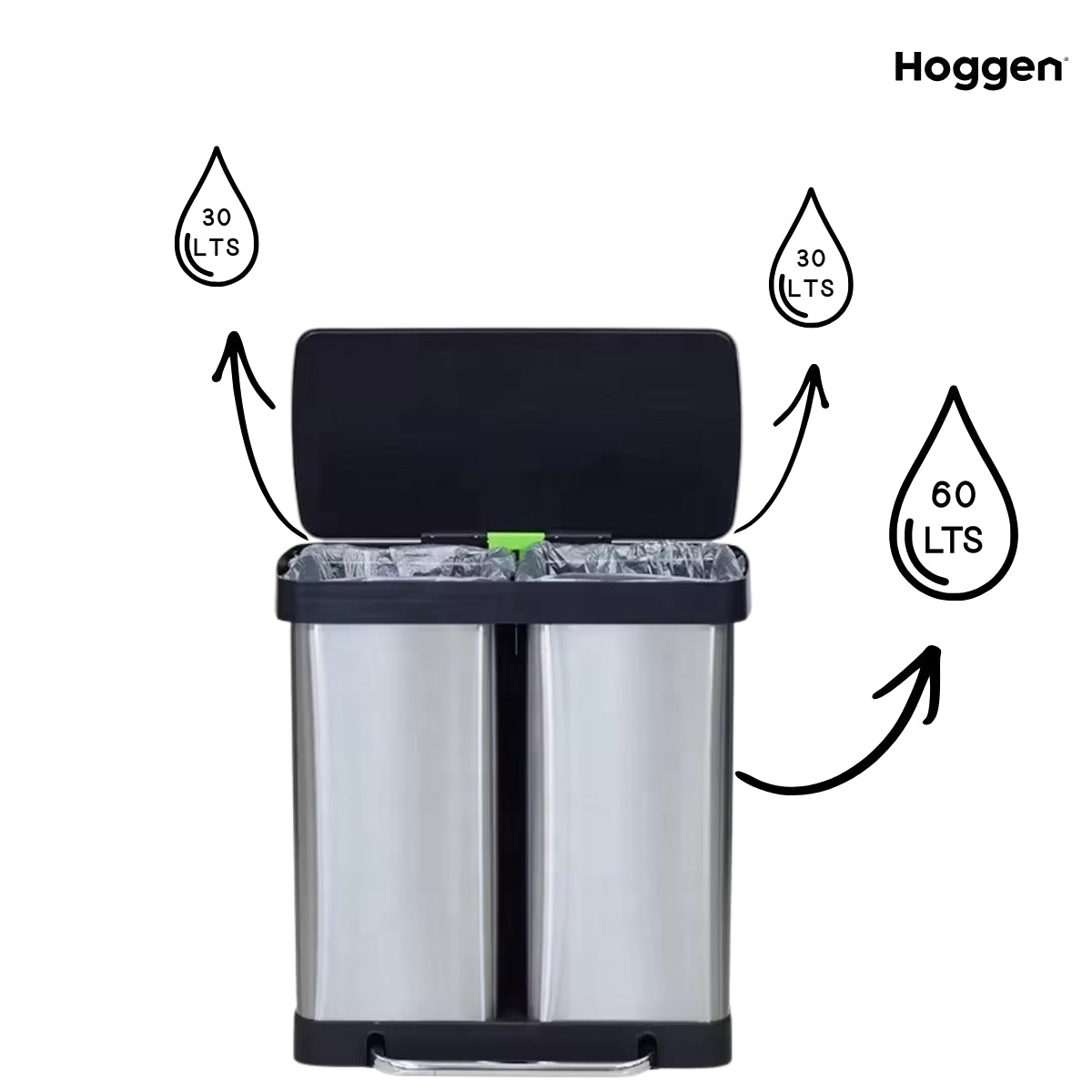 Cesto de basura doble de acero inoxidable 60 lts