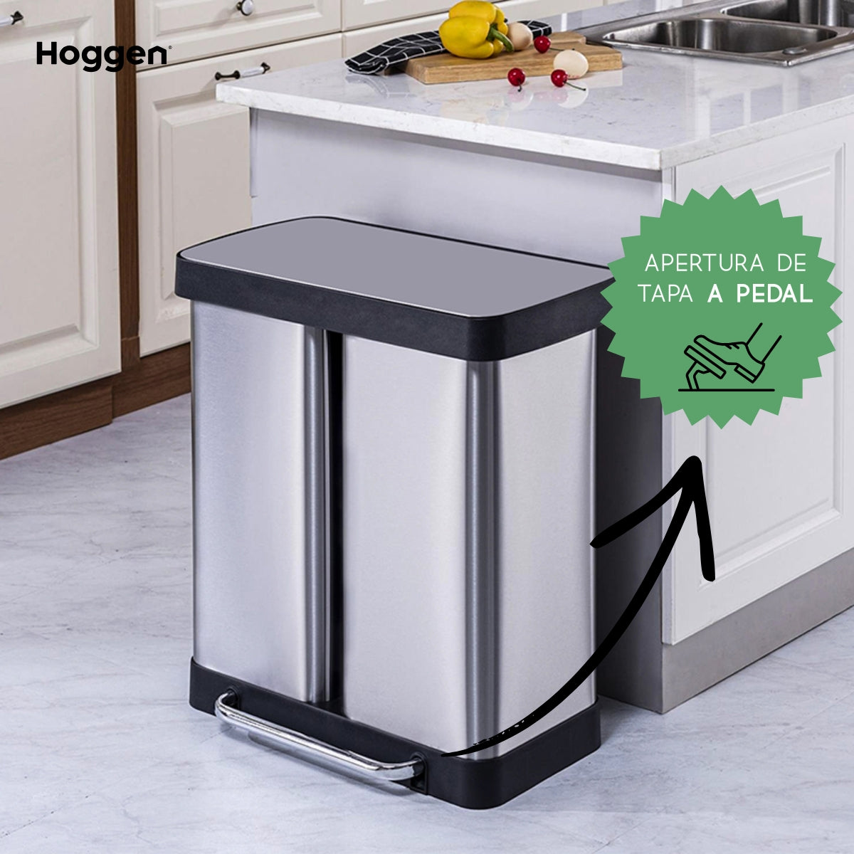 Cesto de basura doble de acero inoxidable 60 lts