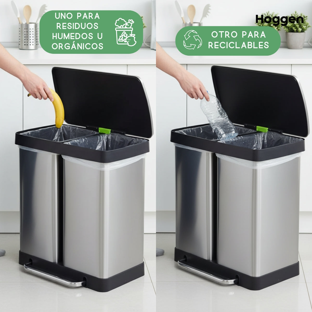 Cesto de basura doble de acero inoxidable 60 lts