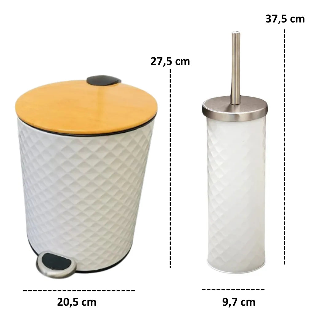 Set De Baño Papelera Tacho De Basura 5lts Y Escobilla Cepilo Blanco Texturado