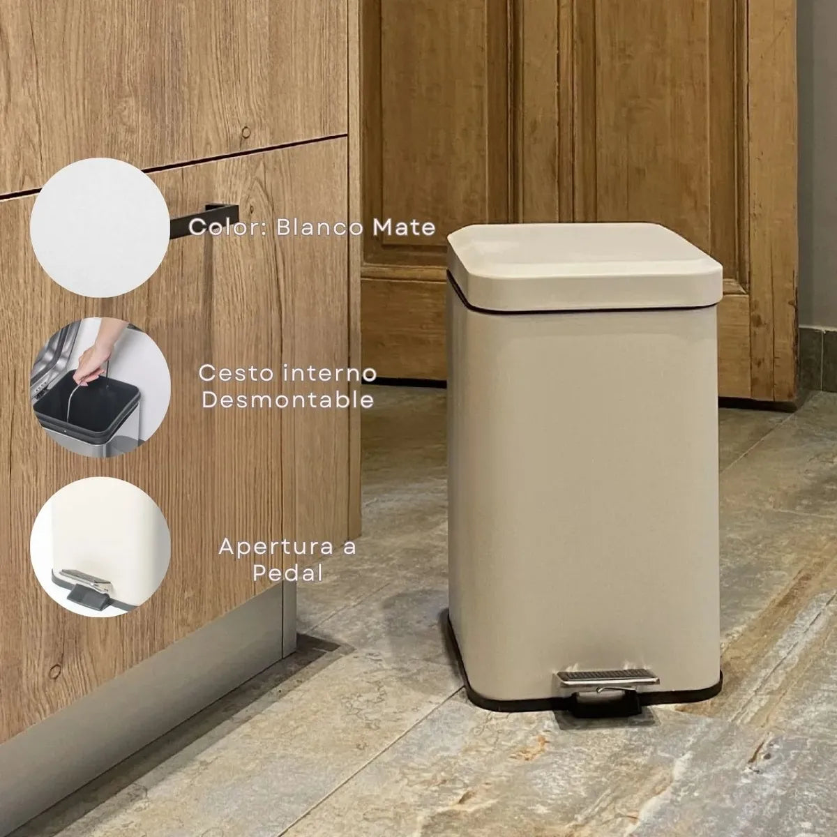 Papelera Tacho De Basura Cuadrado Blanco Acero A Pedal 3 Lts Blanco