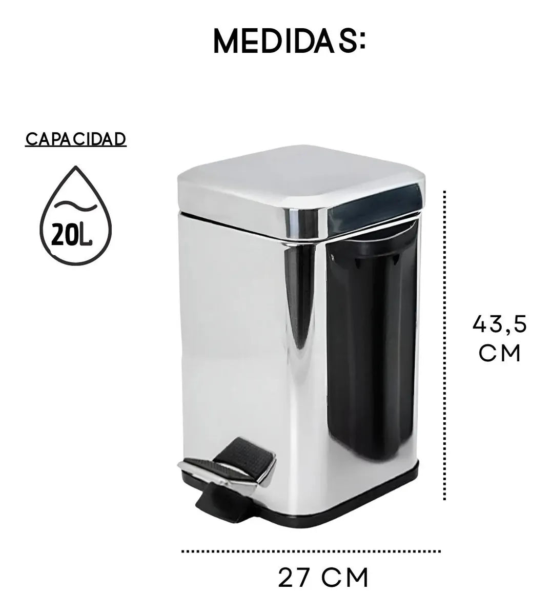 Papelera Tacho De Basura Cuadrado Acero Inoxidable 20 Lts Plateado