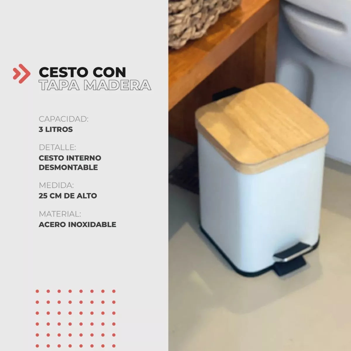 Cesto cuadrado con tapa de madera 3 litros