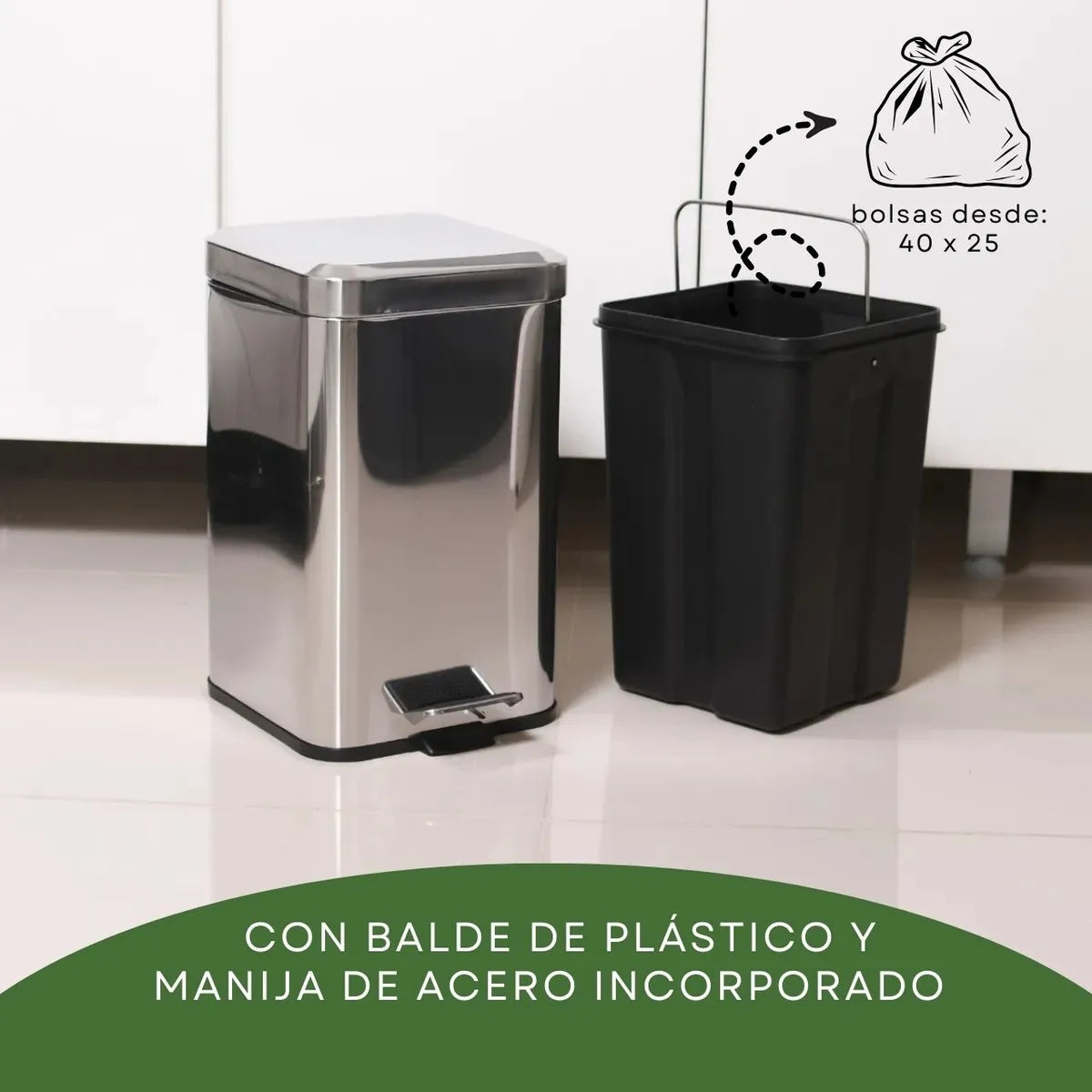 Papelera Tacho De Basura Cuadrado Acero Inoxidable 20 Lts Plateado