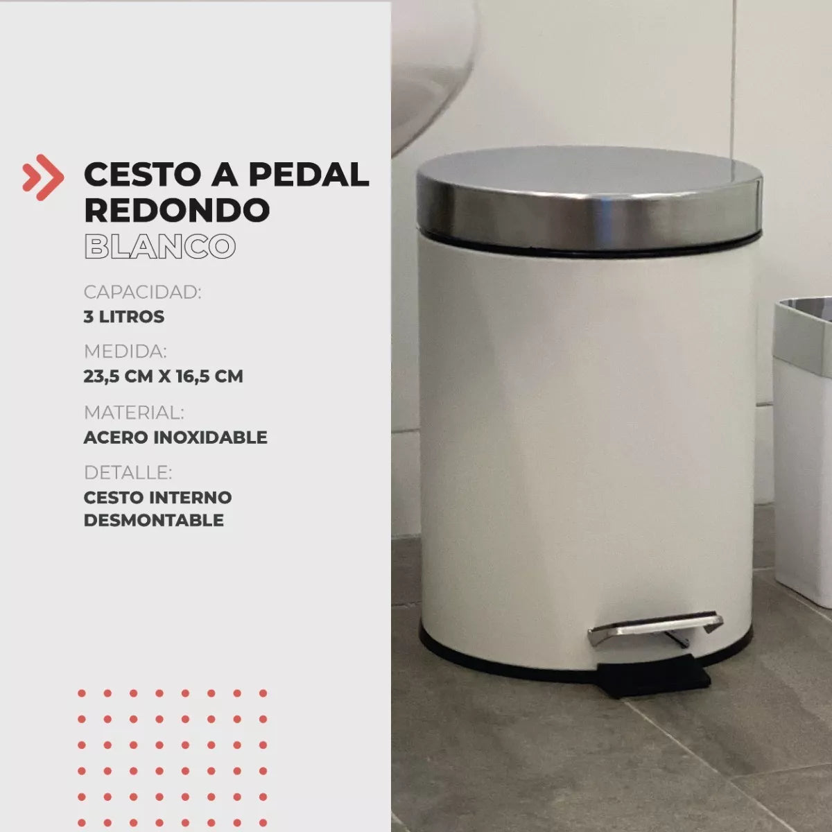 Cesto Redondo Acero Inoxidable Blanco 3 litros