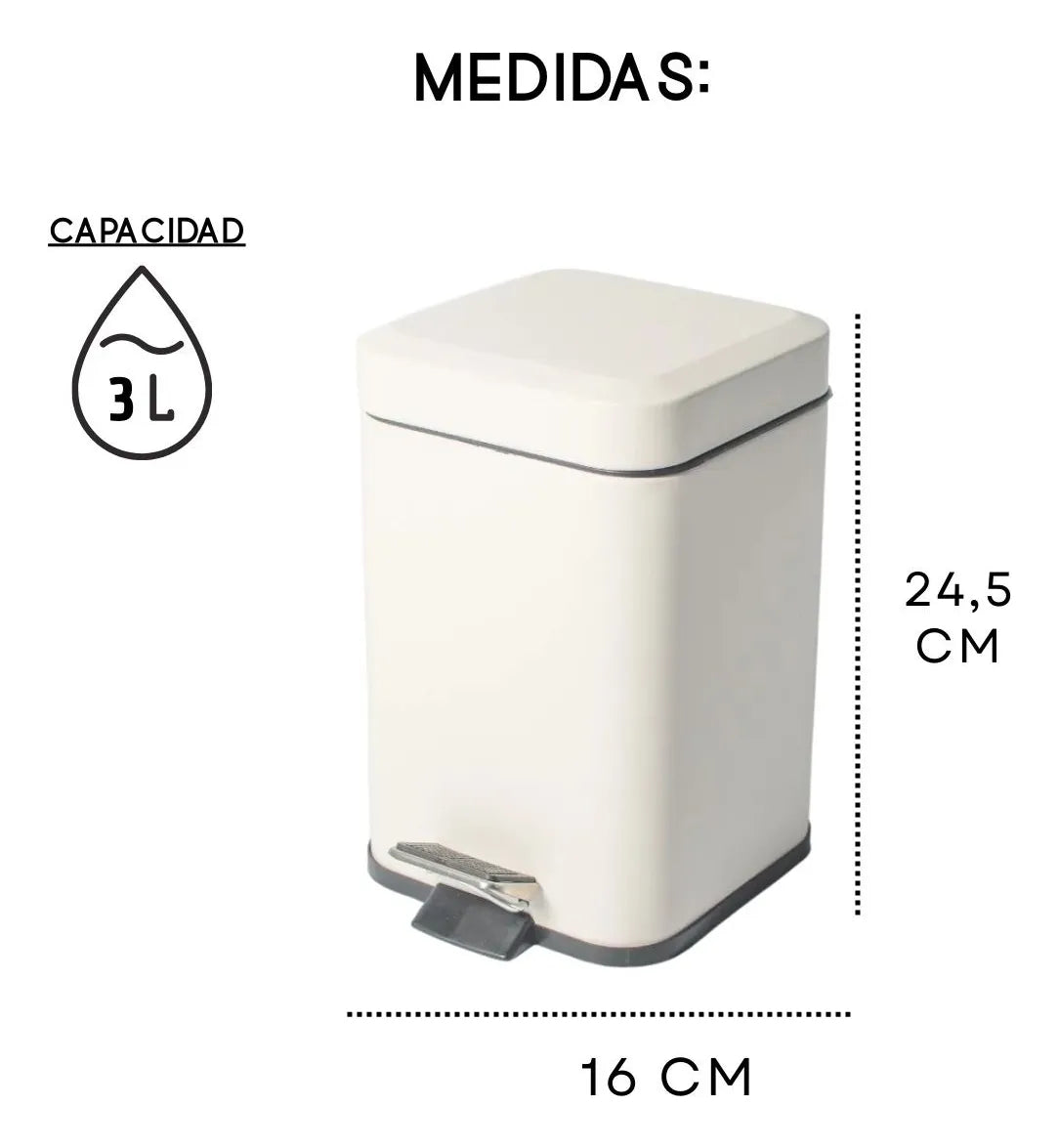 Papelera Tacho De Basura Cuadrado Blanco Acero A Pedal 3 Lts Blanco