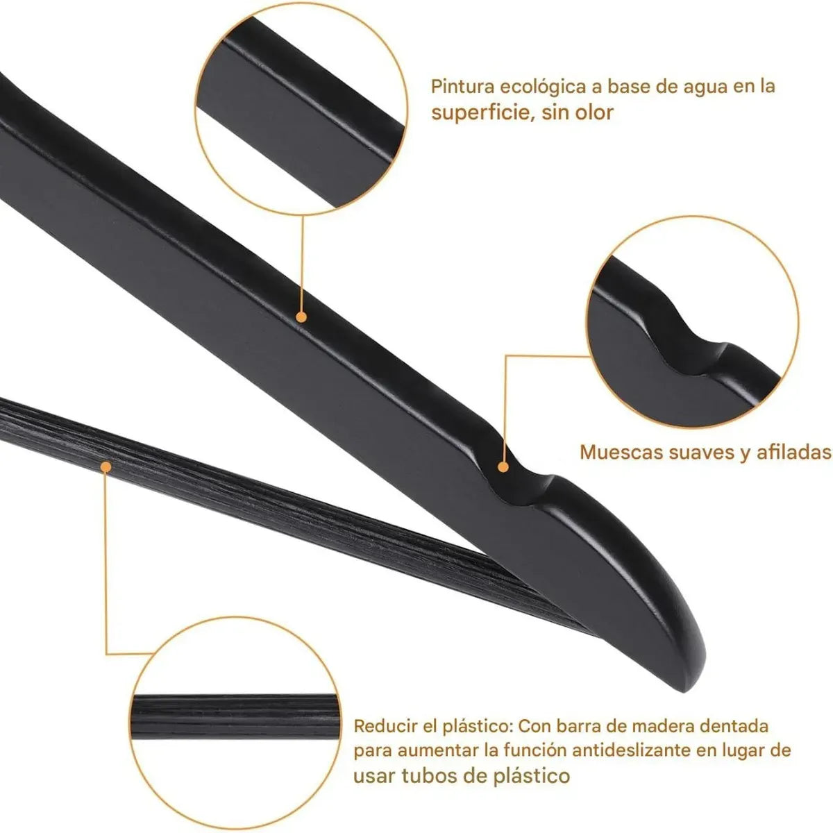 Perchas de Madera Premium x5 Negra