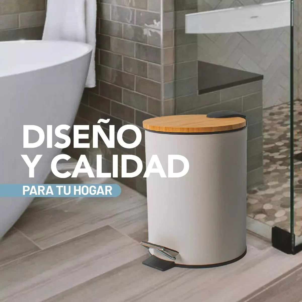 Cesto de Basura  Blanco Mate con Tapa Madera 3 Lts