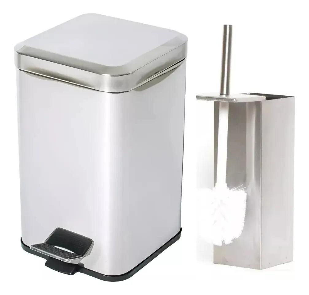 Set De Baño Papelera Tacho De Basura 6 Lts + Escobilla Inox Plateado