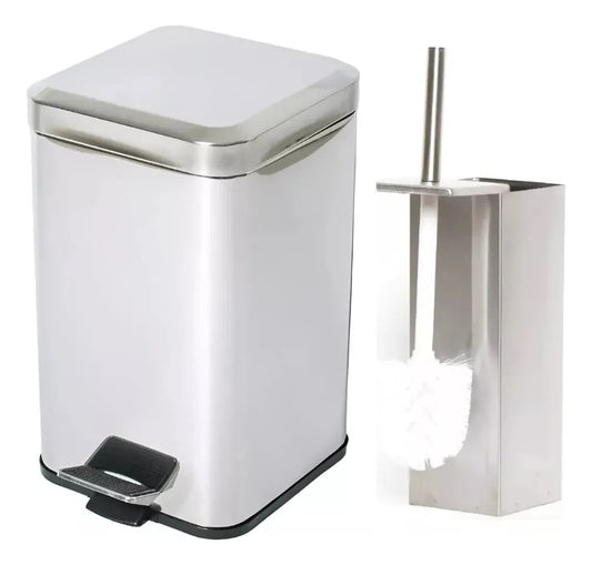 Set De Baño Papelera Tacho De Basura 6 Lts + Escobilla Inox Plateado