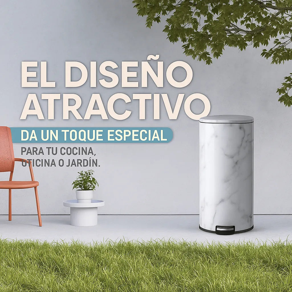 Papelera Tacho De Basura Pedal Baño Simil Marmol 30 Lts Blanco