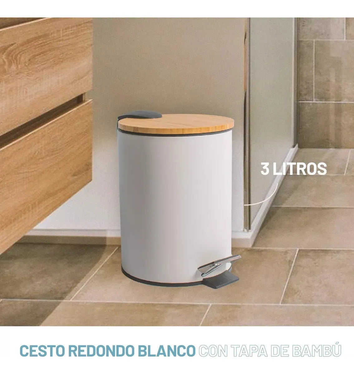 Cesto de Basura  Blanco Mate con Tapa Madera 3 Lts
