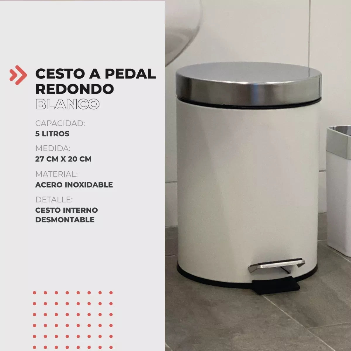 Cesto Basura Tacho Pedal Blanco Tapa Acero Inoxidable 5 Lts