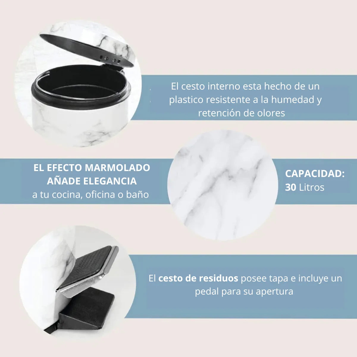 Papelera Tacho De Basura Pedal Baño Simil Marmol 30 Lts Blanco
