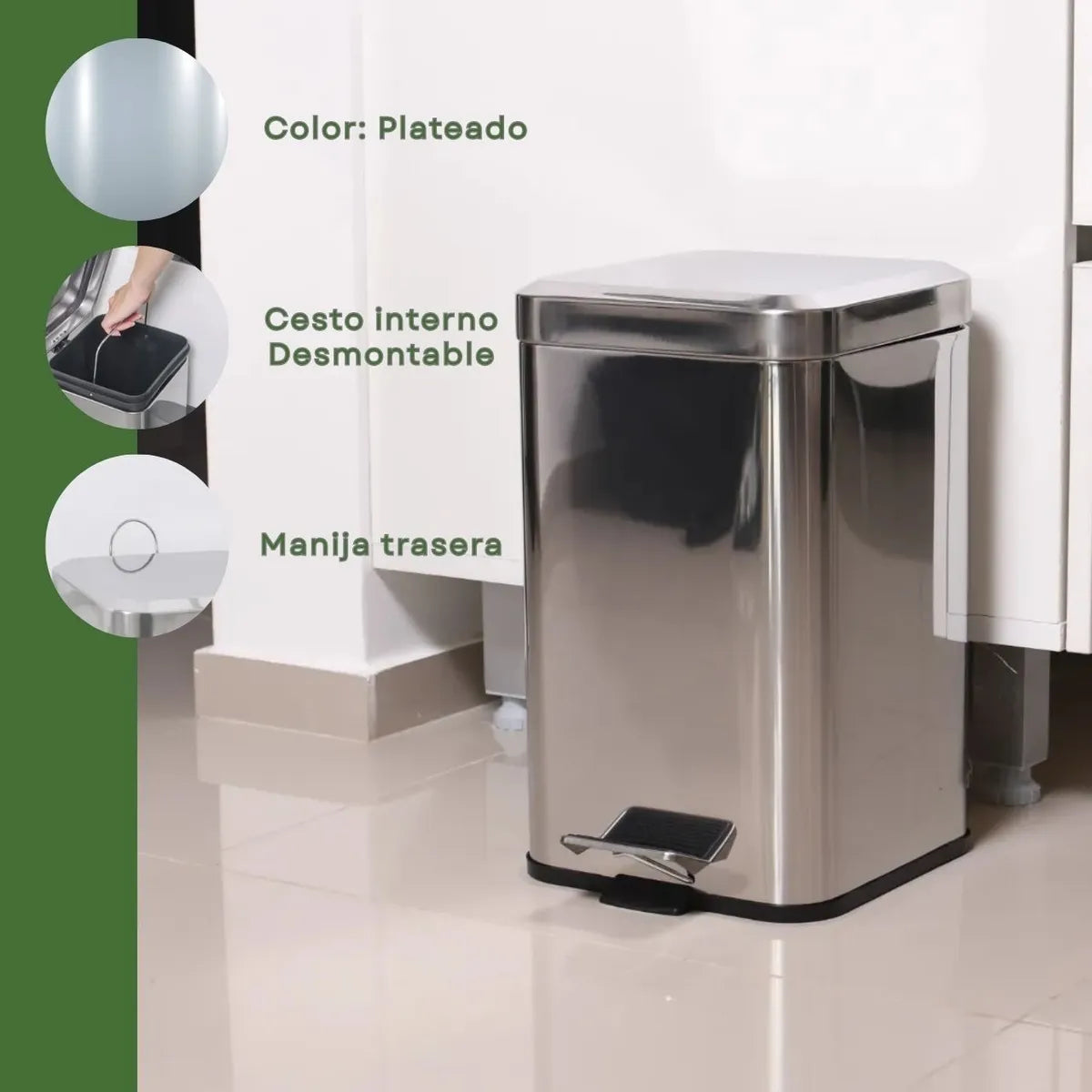 Papelera Tacho De Basura Cuadrado Acero Inoxidable 20 Lts Plateado