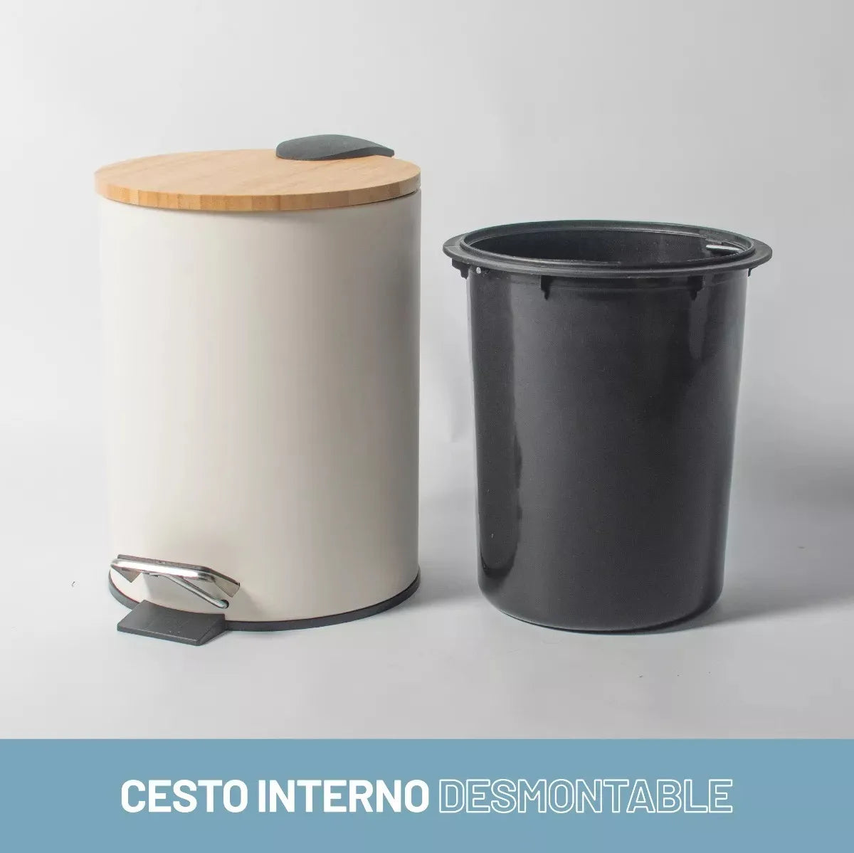 Cesto de Basura  Blanco Mate con Tapa Madera 3 Lts