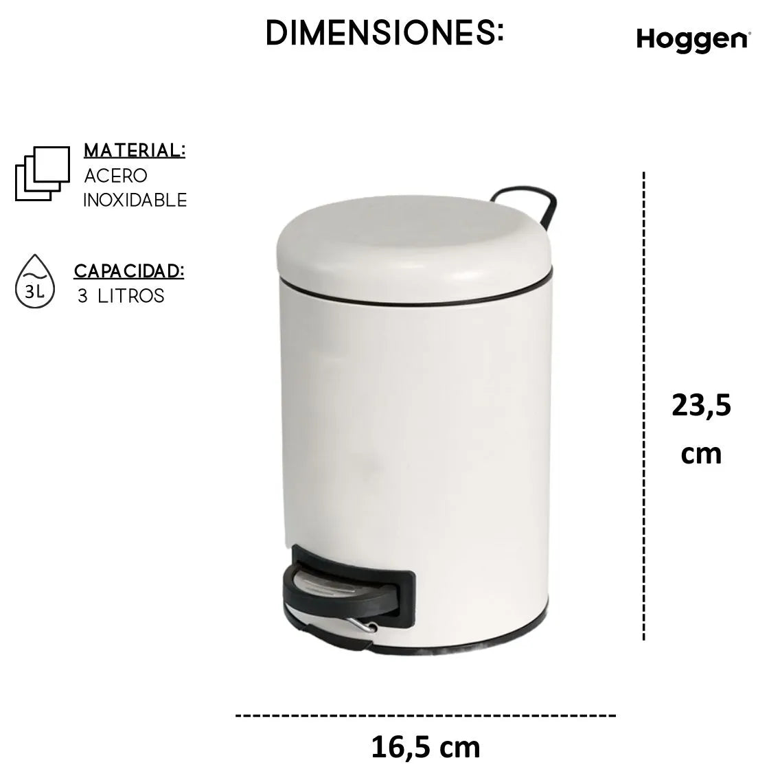 Cesto de Basura Redondo Acero Inoxidable Blanco 3 Lts