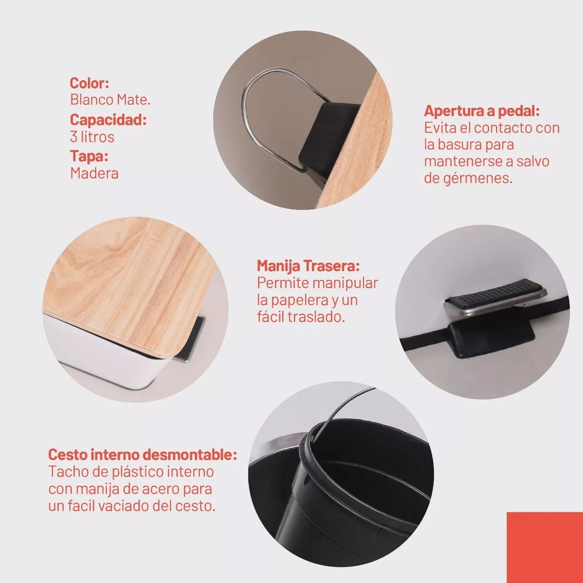 Cesto cuadrado con tapa de madera 3 litros