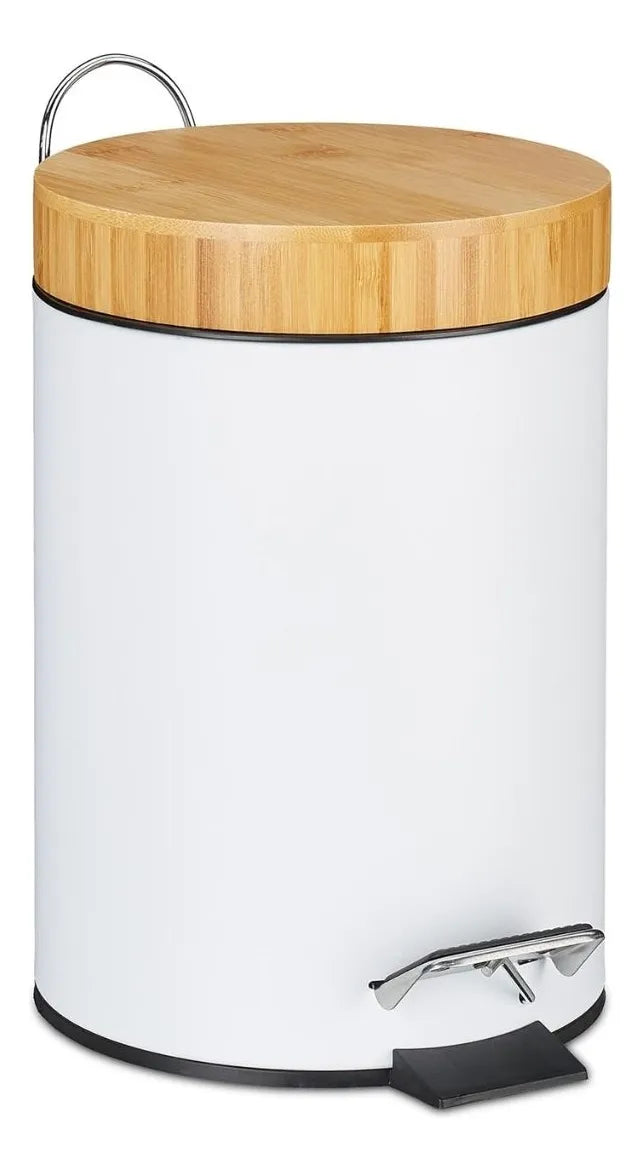 Cesto de Basura  Blanco Mate con Tapa Madera 3 Lts