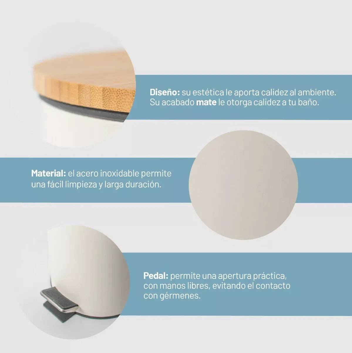 Cesto de Basura  Blanco Mate con Tapa Madera 3 Lts