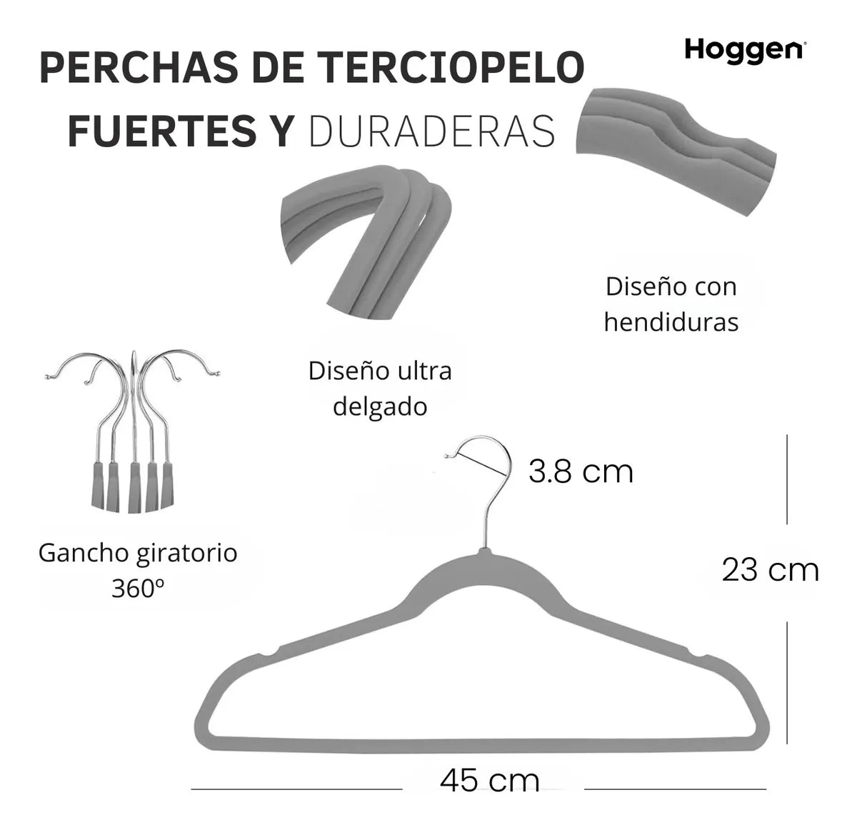 Perchas Terciopelo Adultos Antideslizante Gris X 20 Unidades