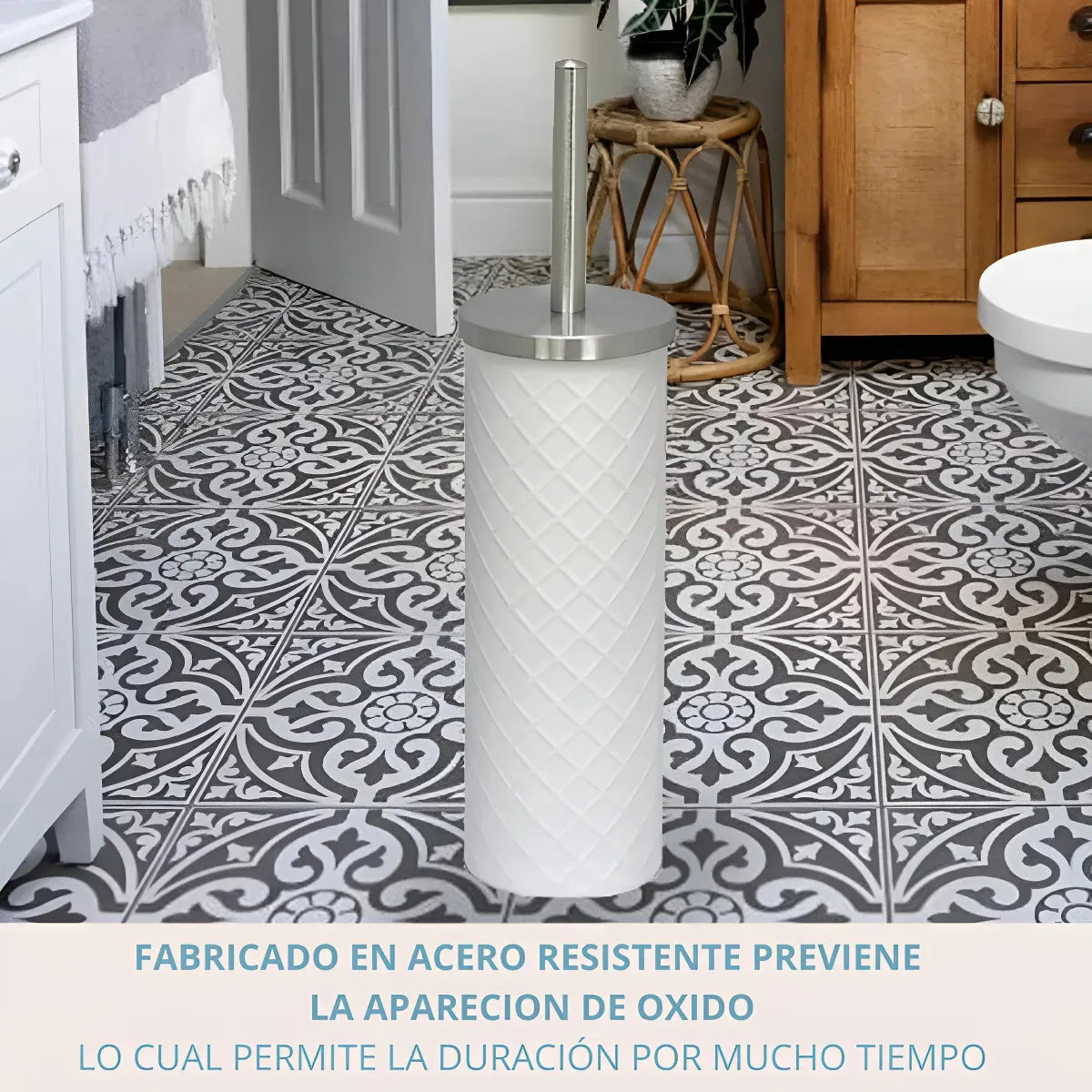 Escobilla blanca texturada para inodoro de acero inoxidable