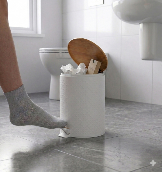 Cesto de Basura Texturado Blanco con Tapa de Madera de 5 Lts