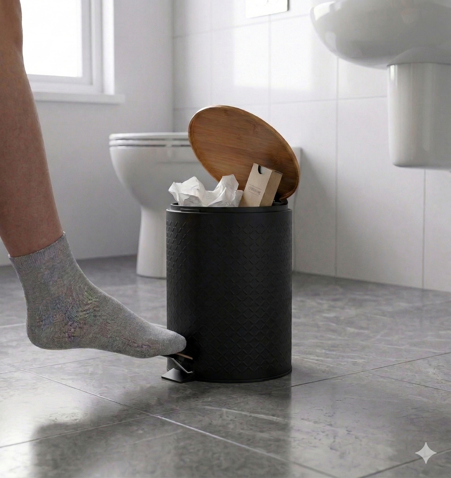 Cesto de Basura Texturado Negro con Tapa de Madera de 5 Lts