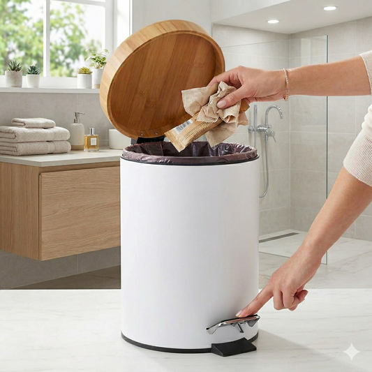 Cesto de Basura  Blanco Mate con Tapa Madera 3 Lts