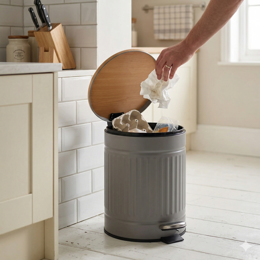 Cesto de Basura Texturado Gris con Tapa de Madera de 5 Lts