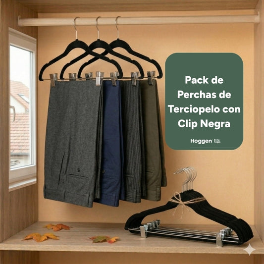 Perchas Terciopelo Adultos Negra con Clip x 10 Unidades