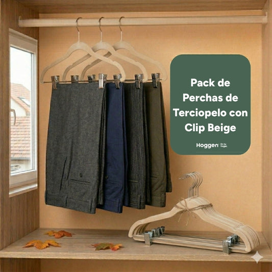 Perchas Terciopelo Adultos Beige con Clip x 10 Unidades
