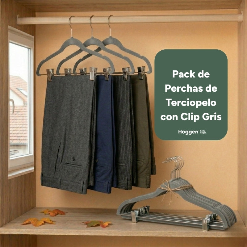 Perchas Terciopelo Adultos Gris con Clip x 10 unidades