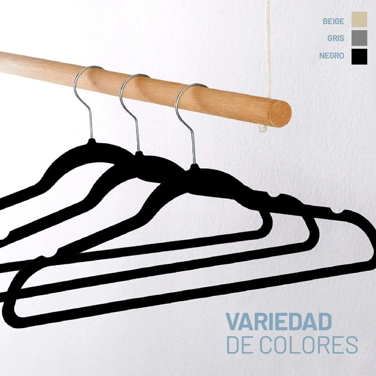 Perchas Terciopelo Adultos Antideslizante Negras X 10 Unidades