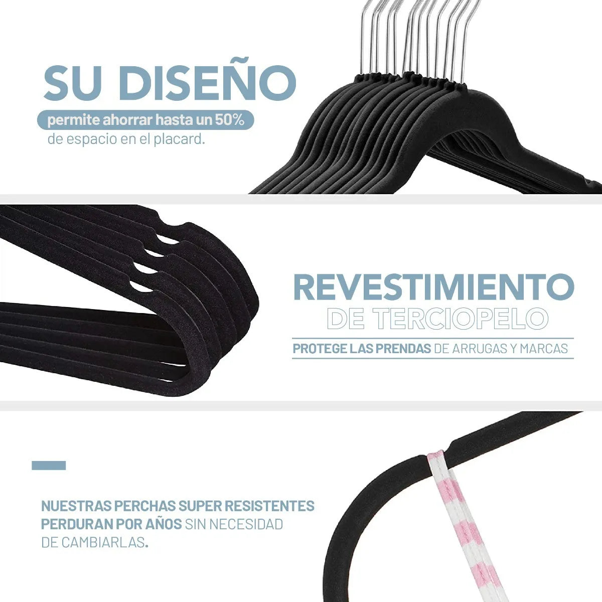 Perchas Terciopelo Adultos Antideslizante Negras X 10 Unidades